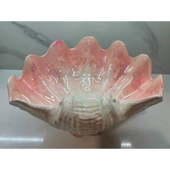 Clam Conch Seashell Vintage Pink Glaze Planter Centerpiece Bowl Birdbath - Picture 4 of 8
